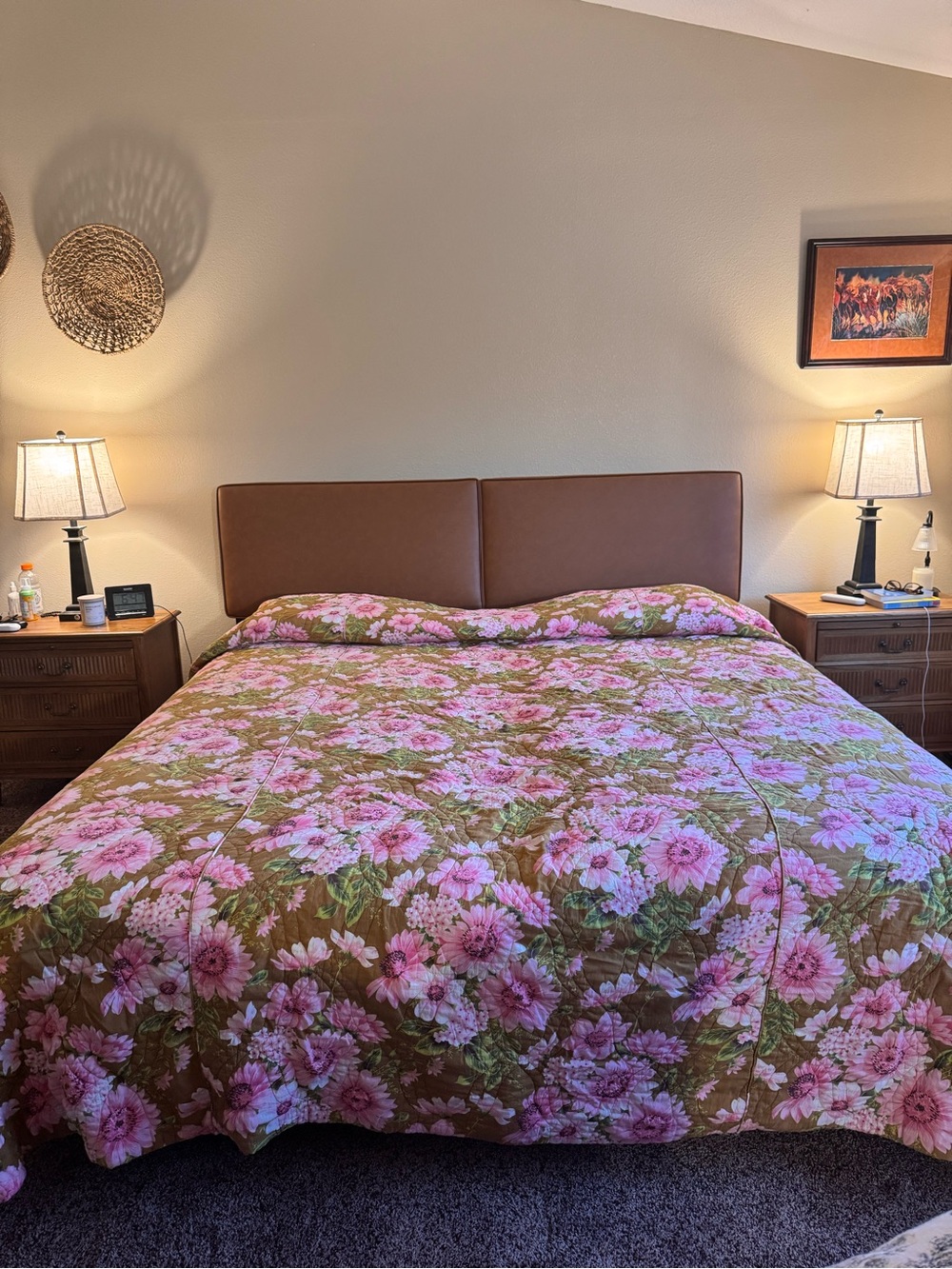 Vintage Sears King Bedspread Pink Floral Brown MCM Cottagecore Quilted